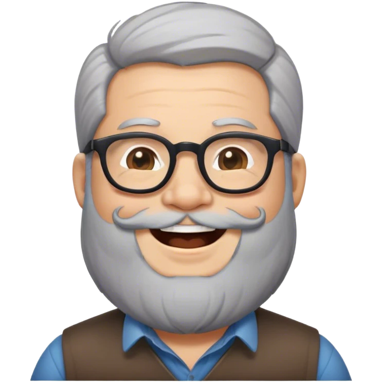 Mid age laughing chubby developer with light brown skin long beards and glasses grey hairand a very short black hair emoji