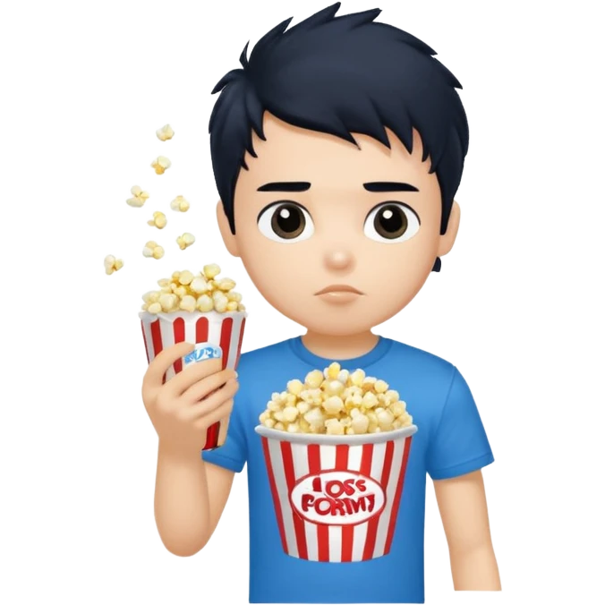generate a pretty fair bratz boy with a blue tshirt on. eating popcorn. messy black hair emoji