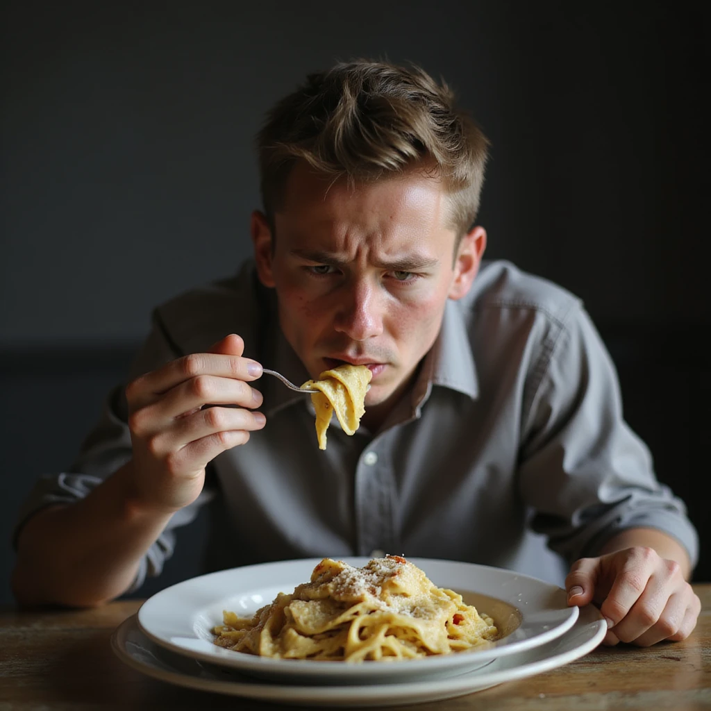 a sad man about 20 years old eating a plate of pasta, sad expression, hyperrealism 4K, variation 3 emoji