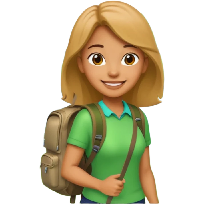 A 3D cartoon woman with a backpack smiling outdoors, surrounded by greenery, Memoji-style realism. emoji