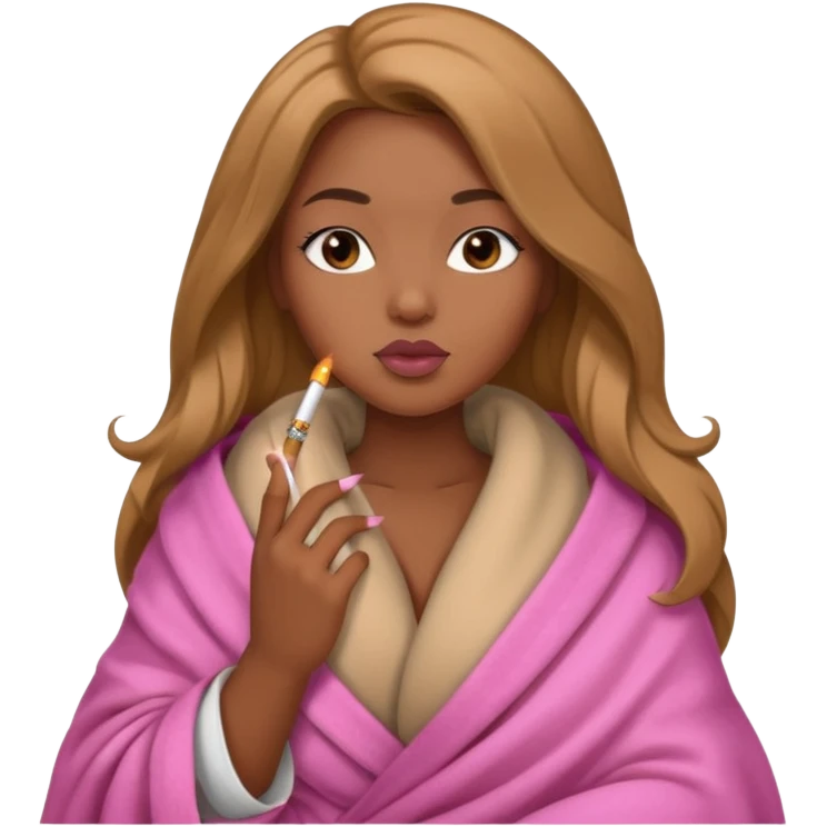 Curvy, light brown long hair, pretty black girl light pink lipgloss smoking wrapped in blanket emoji