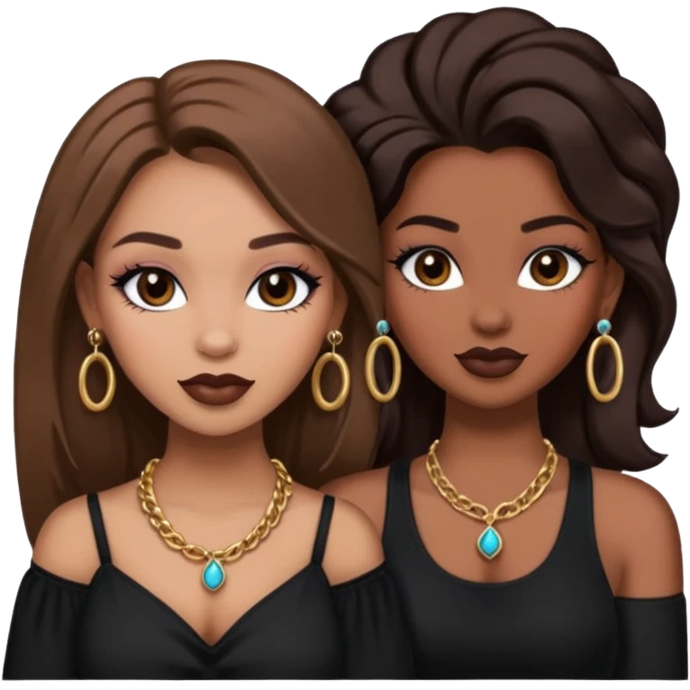 Boujy baddie best friends, trendy heavy makeup both dark hair one light skinned and one mocha brown pretty hair both wearing black and earrings and necklace one mocha brown skin better ones please  emoji