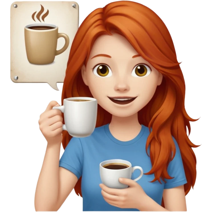 Excited long haired redhead drinking coffee with a sign in front saying GTSY emoji