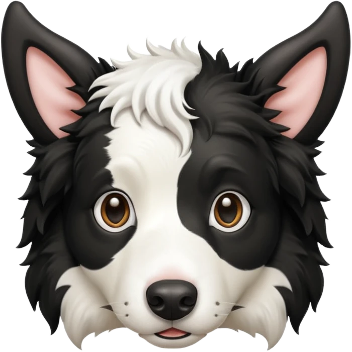 A black and white border collie has a cow's horns. emoji