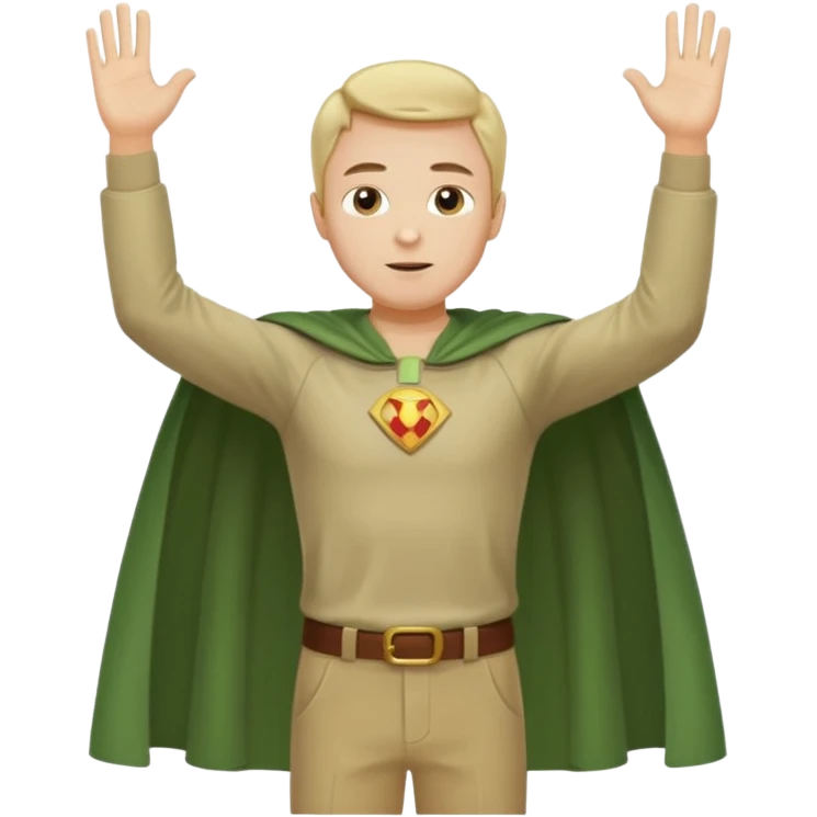 standing up healthy perfect man in simple greenish shirt cape and pants hands raised emoji