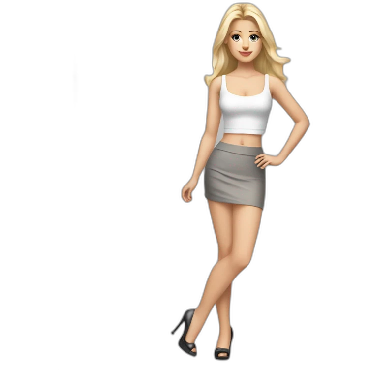 hyperrealistic caucasian long blonde haired brown eyed woman white low cut tank top gray tight mini skirt black high heels full body neutral pose emoji
