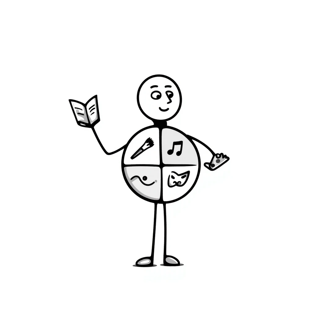 Hand-drawn metal man figure with a circular body divided into four segments, each containing symbols for different art forms: visual, musical, theatrical, and literary arts emoji