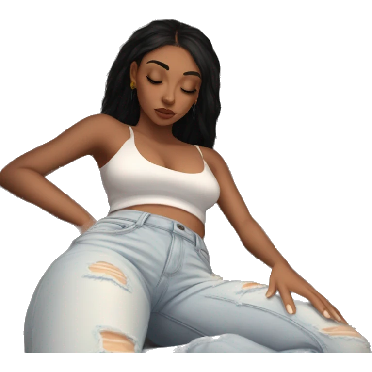 girl with baddie long lashes withh white crop top and with jeans on sleeping emoji