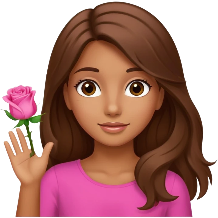A tanned girl's face waved long brown hair with pink rose emoji