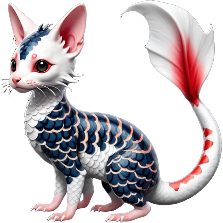 Hyper-realistic cute Japanese oriental Asian Edgy badass swimmy wet painted intricate ornate Japanese Asian koi-Minccino-Lykoi-Emolga-Sphynx-Linoone-Zangoose-fusion-hybrid-animal-Fakémon-creature, full body, thin long sleek scaly tail, intricate markings emoji