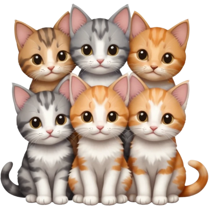 6 tiny kittens cuddling together all various different natural colours including grey and white, ginger and white, calico, grey, and brown tabby and white emoji