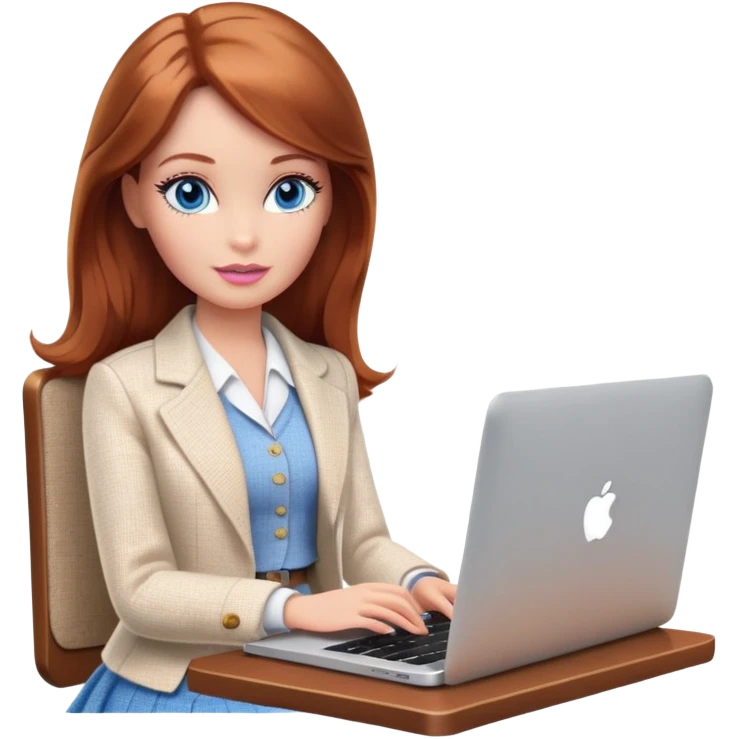 A Barbie girl with blue eyes, shoulder-length reddish-brown hair, made-up, wearing a white tweed jacket and beige skirt, is sitting a with a MacBook emoji