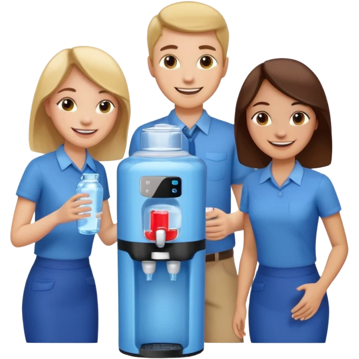 a group of 3 employees gathered around a water cooler, smiling and chatting emoji
