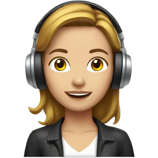 a female radio host with headphones speaking into a microphone. light brown hair with yellow emoji
