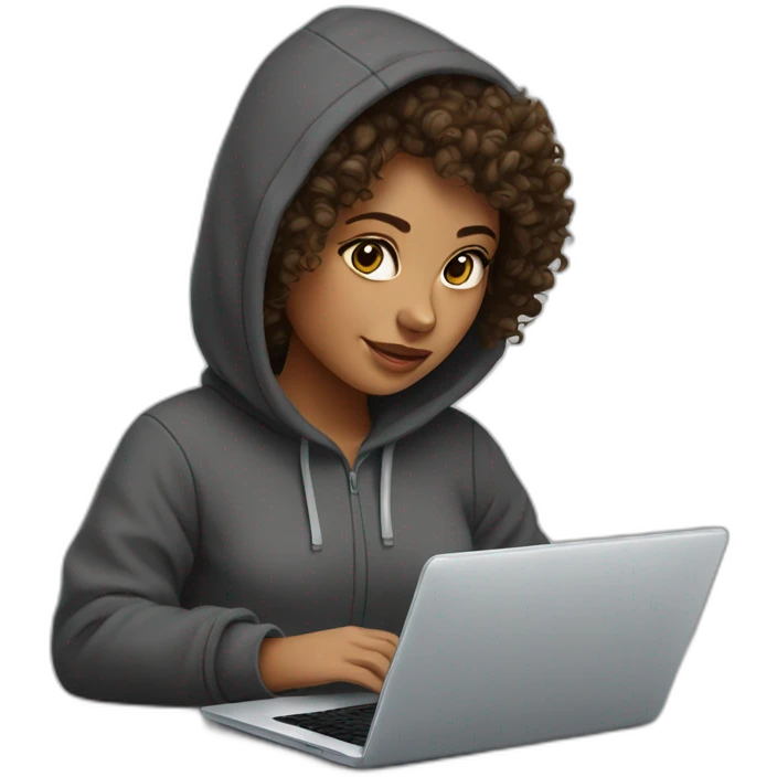 a west eastern tenage curly girl wearing a hoodie working on a laptop emoji