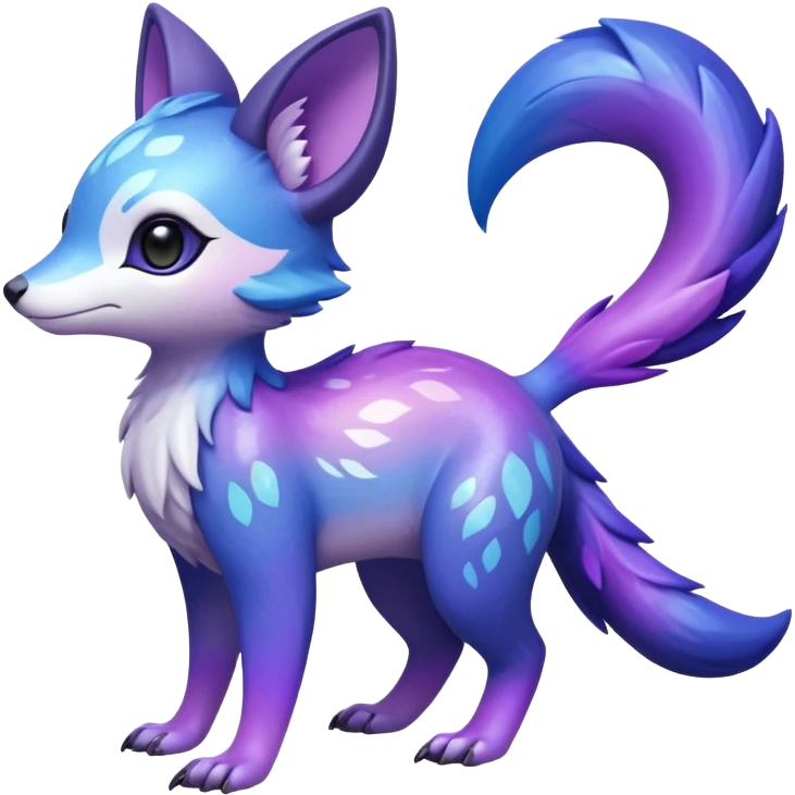  Shiny cute realistic iridescent glossy oily smooth silky soft White with indigo-Violet-purple-pinkish-gradient markings beautiful handsome gorgeous aesthetic colorful vibrant Vernid-Trico-species-Fakemon-creature by LiLaiRa, 4 legs, 1 tail, random markings, (full body) emoji