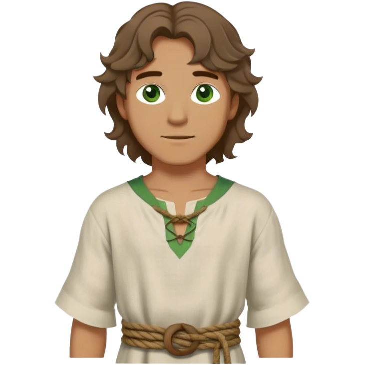 medieval summer outfit worn by a DnD themed fantasy character. basic lightweight linen tunic with short sleeves and a simple rope belt. clothes only above the waist. The clothes full waist. The character's haven't arms. character is brown hair, green eyes, shoulder-length wavy hair, tan-skinned man.

 emoji