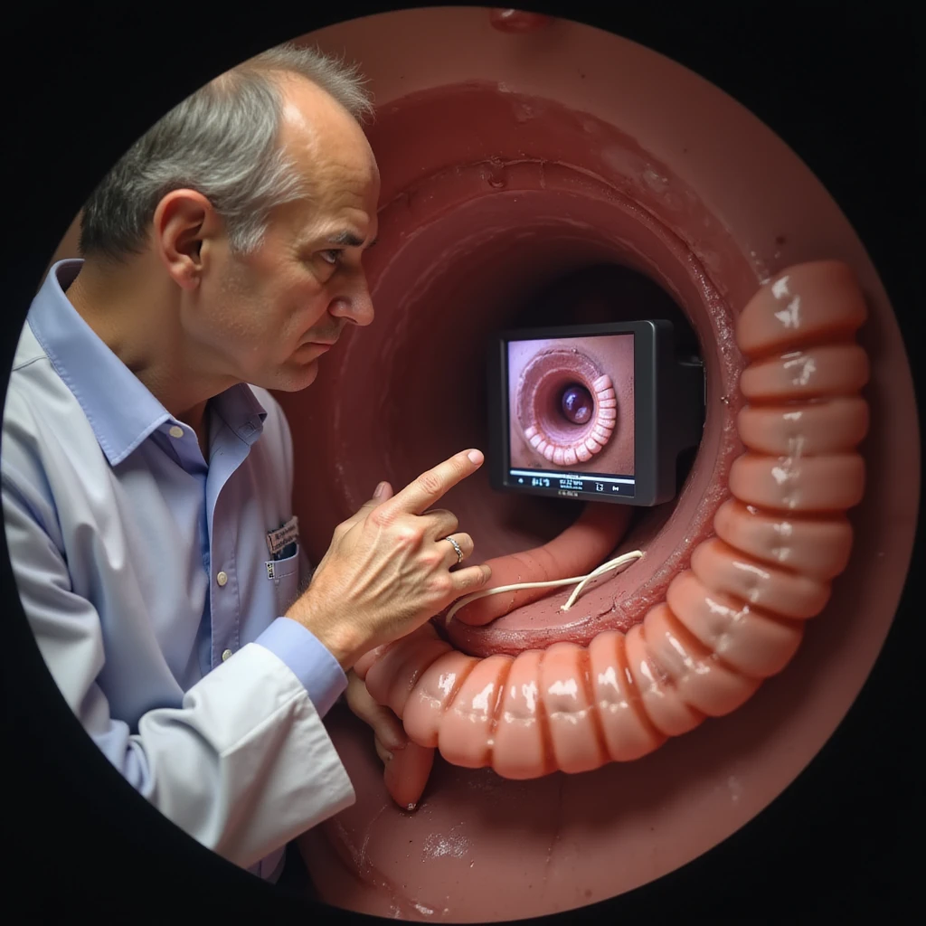 realistic colonoscopy of middle-aged man, monitor showing polyp removal with snare, doctor pointing to area with early changes, clinical details emoji