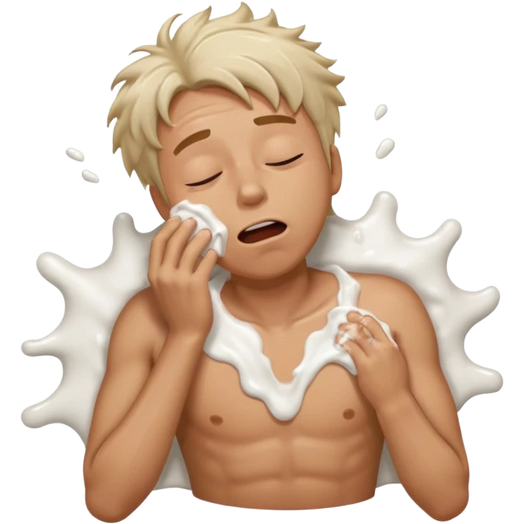 Man laying on the floor exhausted mouth open eyes closed chest covered in white lotion emoji