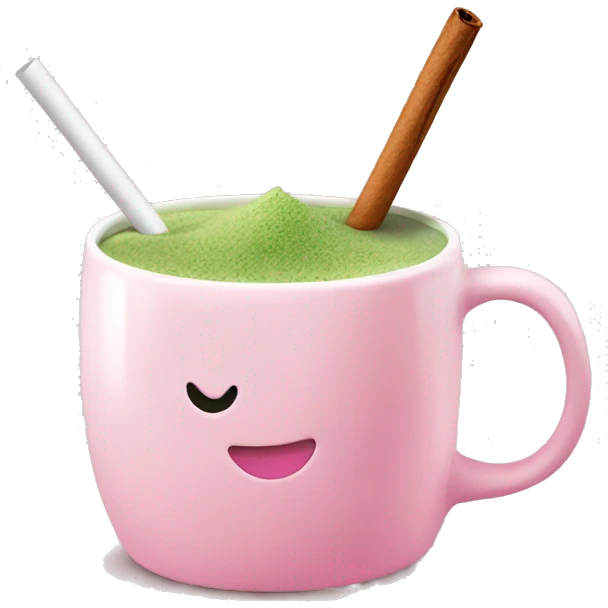pink matcha in a white mug with cinnamon and a straw emoji