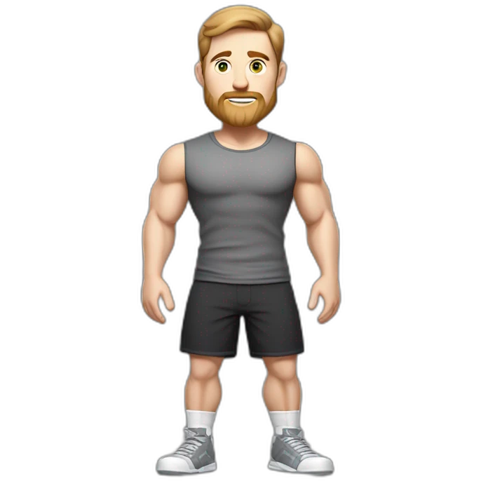 Full height Pale skinned muscular man With Realistic eyes and mouth, light brown hair and stubble In dark gray sleeveless mike, black oversize sports shorts, watch and white sneakers. emoji