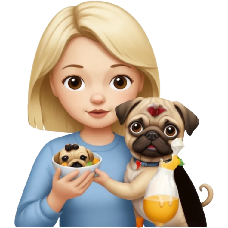 haz una chica rubia dandole comida a su perro pug emoji