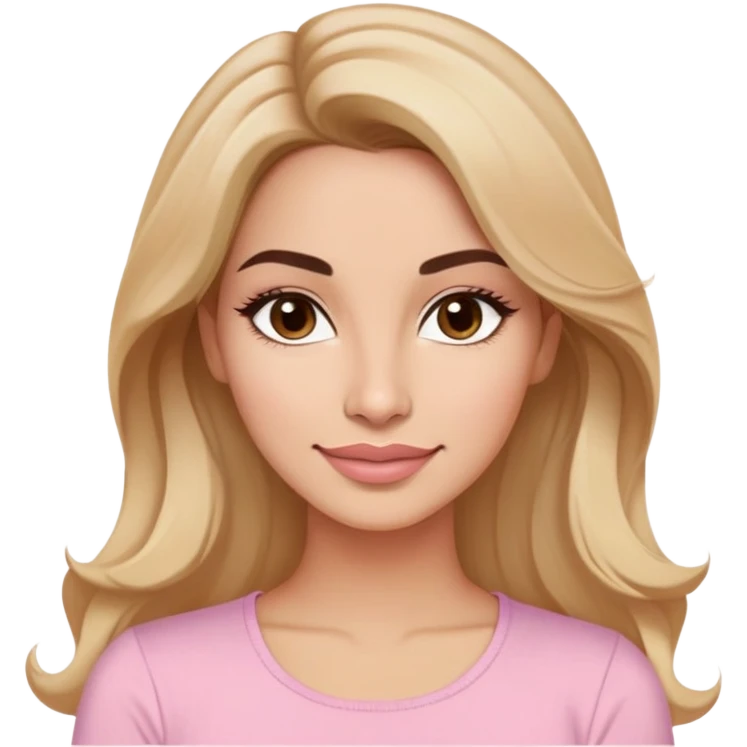 Puerto Rican actress in her early 30s with oval face, soft features, defined but not prominent cheekbones, sweet expression, large almond light brown eyes, well-defined medium eyebrows, straight nose, medium lips with fresh smile, long slightly wavy dark blonde hair, wearing a light pastel pink top emoji