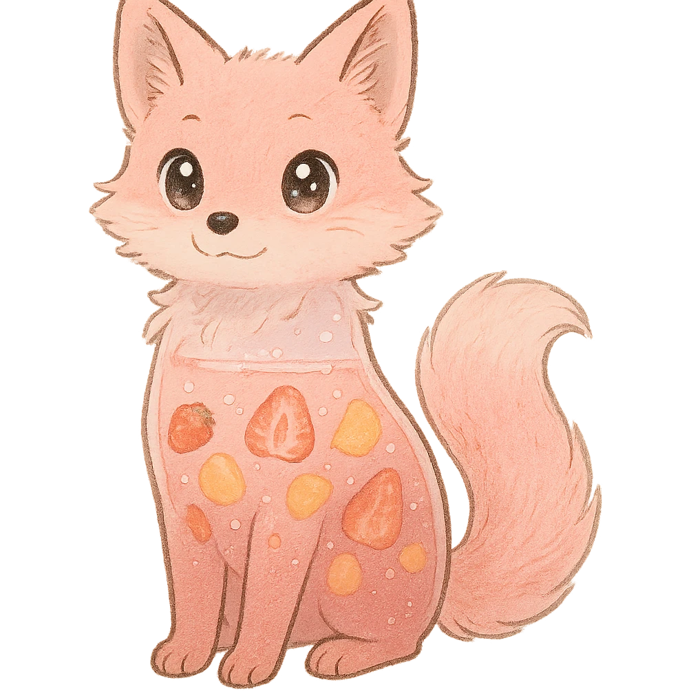 soft fluffy fox with a transparent body, pastel pink, filled with a layered fruit smoothie, sparkling eyes, full-body emoji