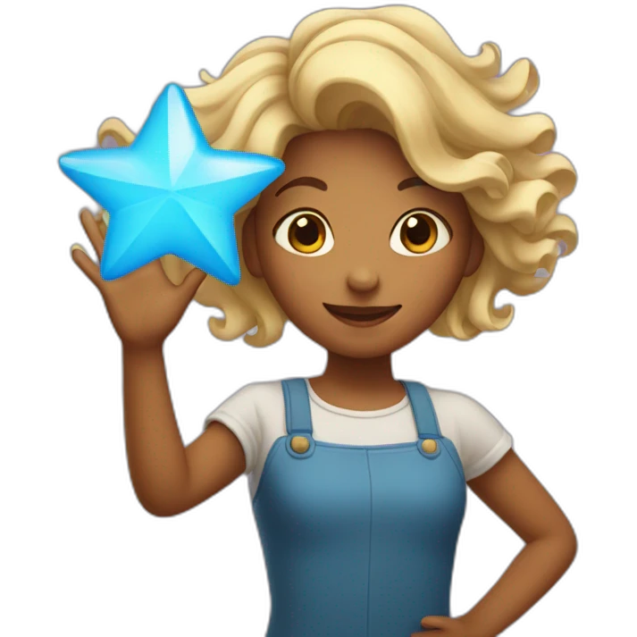 Girl with waving hair holding a star in hands emoji