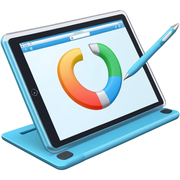Create an emoji for 3D visualization and modeling. Show a large graphic tablet with a stylus drawing in a 3D modeling program. The 3D model on the screen should appear to protrude out of the screen. Use modern, professional colors. Make the background transparent. emoji