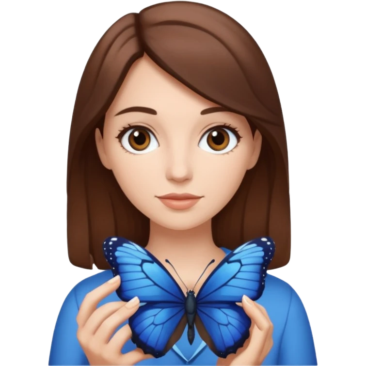 Cabelos de cor morro uma mulher branca com uma borboleta na cor azul escuro sua mão emoji