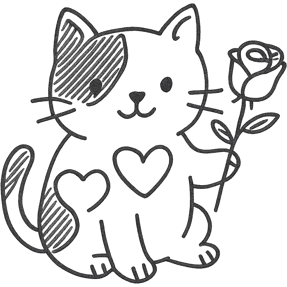 Add a heart to the tricolor cat holding a rose, keep the background transparent, hand drawn black outline style. emoji