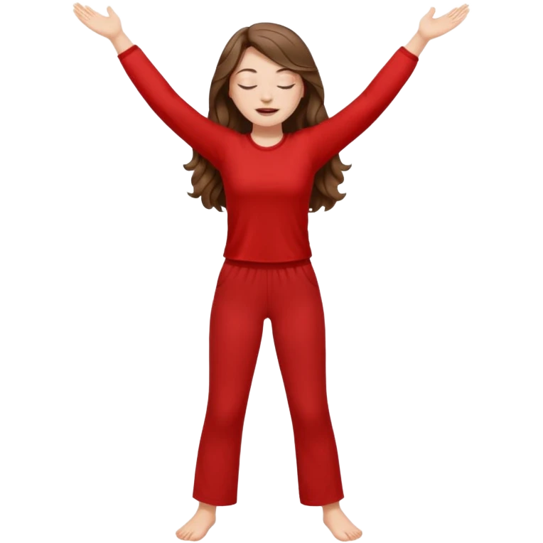 crie uma menina branca com cabelos castanhos longos ondulados, uma roupa de calça e blusa de manga curta na cor vermelho, com braços juntos para cima, olhos fechados e perna levantada emoji