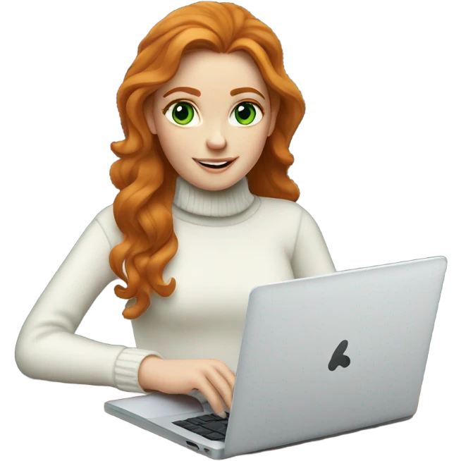 ginger girl with wavy long hair and green eyes in turtle neck white sweater working on a laptop emoji
