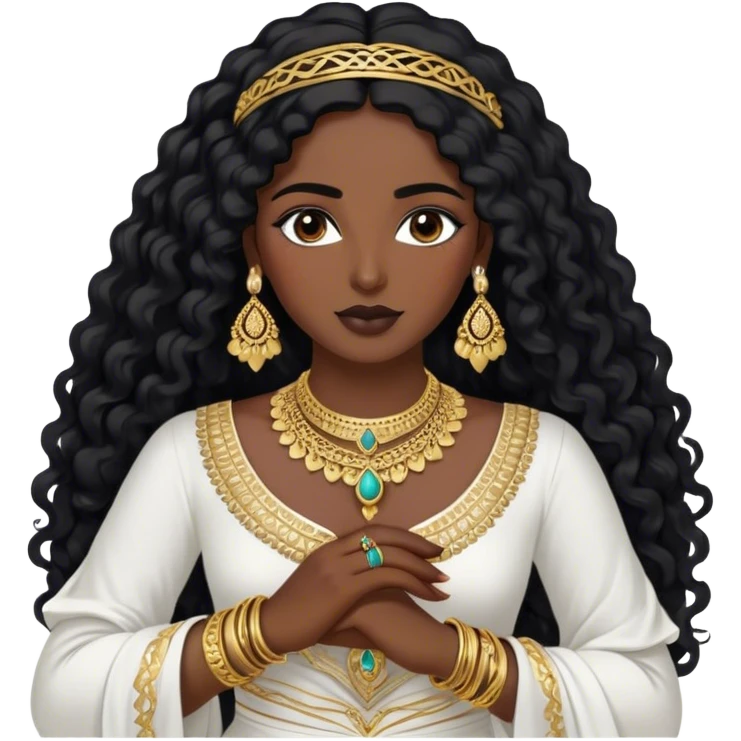 The Palestinian woman, she had long curly black hair and well defined eyebrows wears a white traditional dress. Her accessories steal the spotlight—intricately designed gold bangles, statement rings, and layered necklaces— she doesn’t have a head or hair accessories emoji