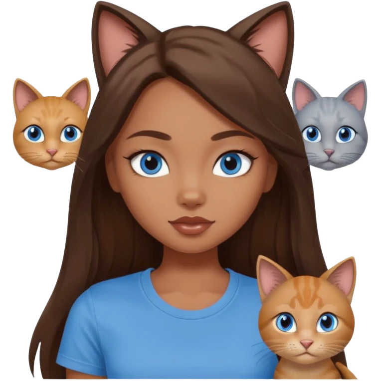 a pretty bratz dusky girl with long brown hair, blue eyes with six cats nd wearing a grey tshirt emoji