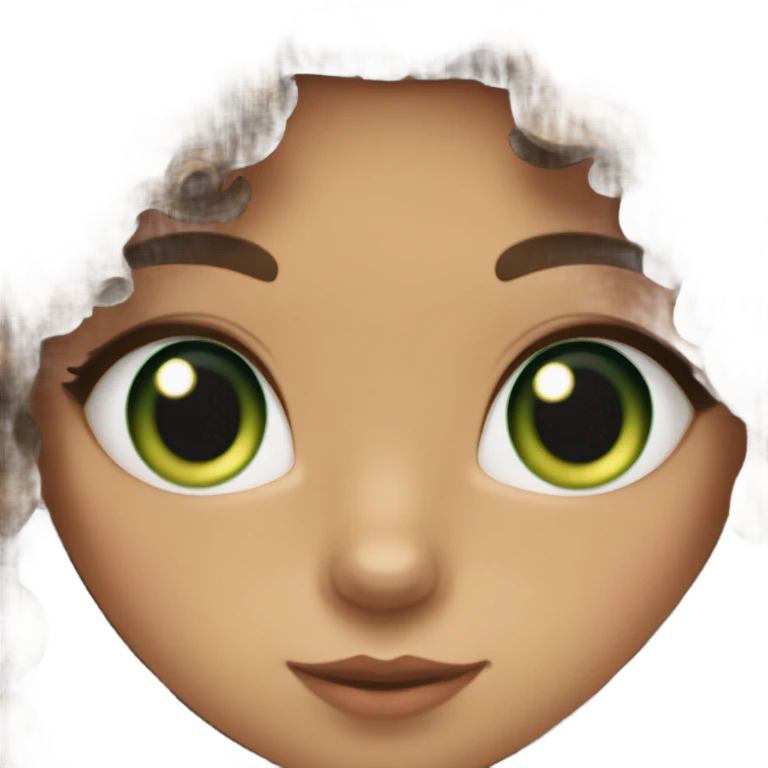 Girl with fair skin, hazel eyes, and long, dark brown curly hair kissing a brown tabby cat with green eyes on its head emoji