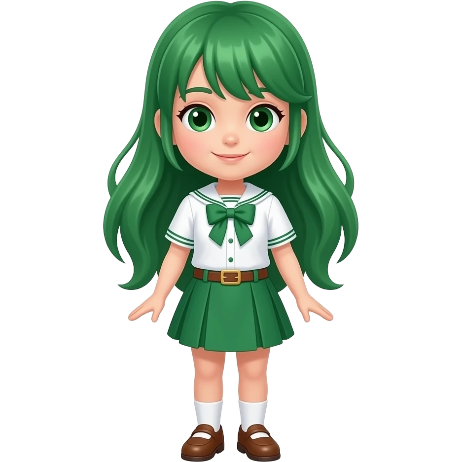 A girl with green hair 💚style anime with green eyes 💚  and white an green outfit with 💚 skirt with brown shoes 👟 emoji