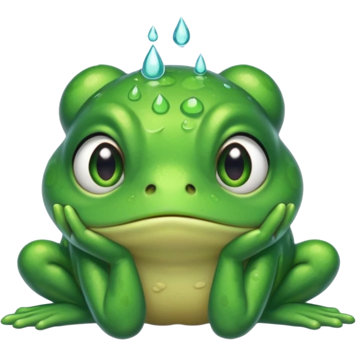  قورباغه ای که‌ ناراحته و دستش رو سرشه و اشکش در اومده و گوگولی ایستاده emoji