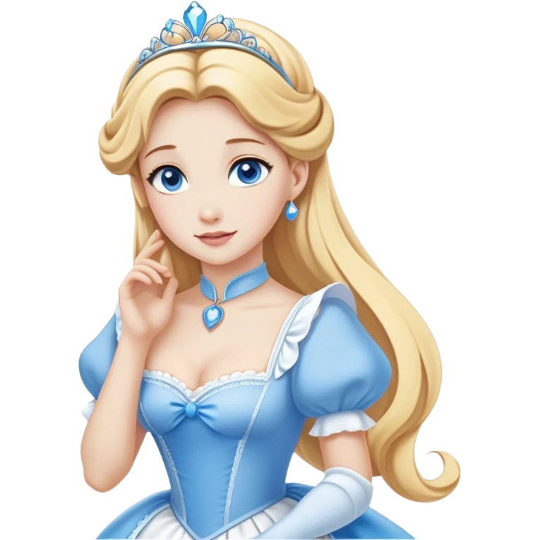 Cinematic Elegant Cinderella Portrait Emoji, Graceful and poised in her classic maid attire, golden locks cascading softly, bright blue eyes full of hope, a gentle glow of kindness and determination, delicate and humble yet undeniably beautiful, evoking the moment before her magical transformation, pure enchantment in her gaze! emoji