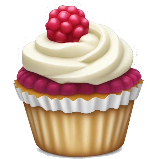 Vanilla cupcake with white icing and raspberry on top emoji