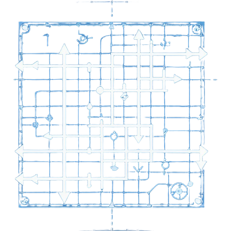 blue blueprint plan with white lines and a single dashed path from start to destination emoji