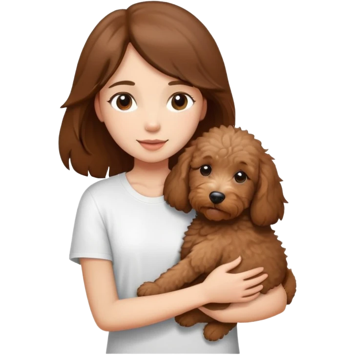 One girl with medium long brown hair dressing white T-shirt, hugging One little brown coated labradoodle. emoji