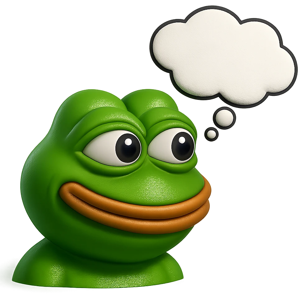 make a pepe in bright green smiling with thought bubble looking at left side in 3d style, good highlights and shadows, drop shadows emoji