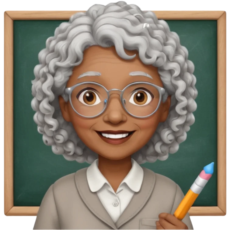old woman teacher, brown skin, curly grey white hai, wearing glasses, hold chalk on hand emoji