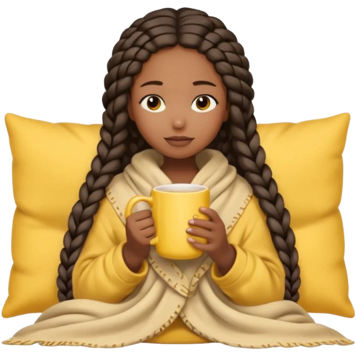 black girl with long braids, eyes closed, holding a yellow mug, wrapped in a light beige blanket, light bow in hair, soft cozy cute emoji style emoji