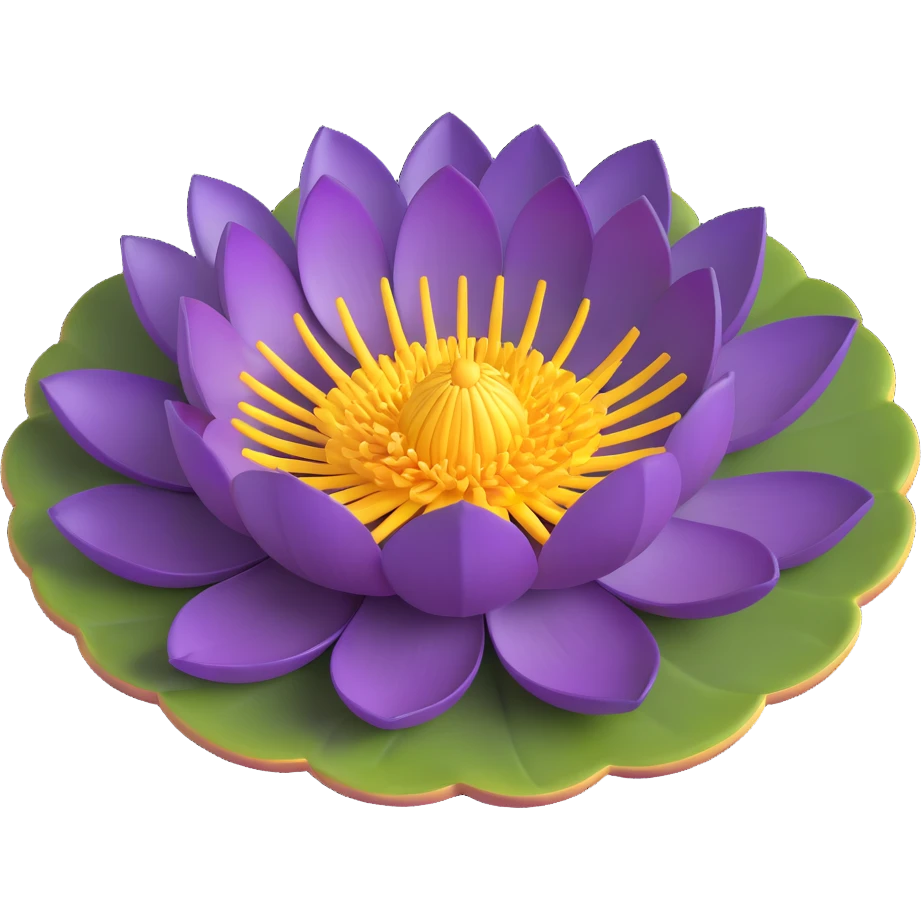 Realistic deep purple lotus flower with detailed layered petals and yellow stamens, floating on authentic lotus pad with characteristic notch and bowl shape emoji