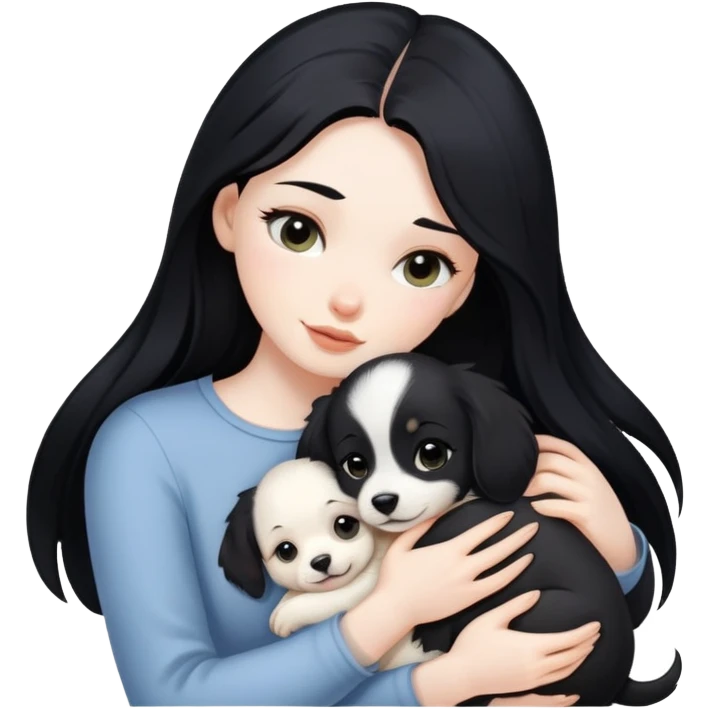 A woman with long black hair hugs a puppy tightly emoji