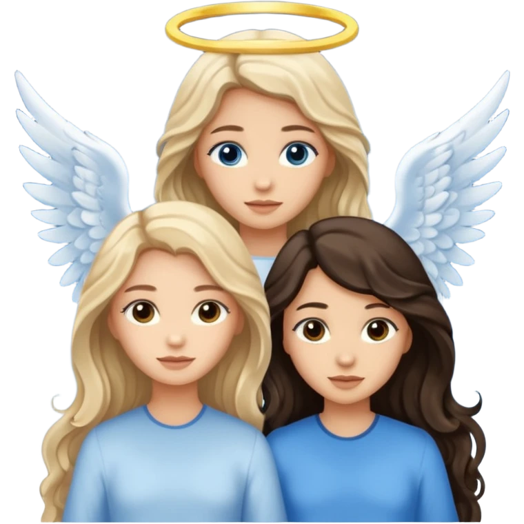 Three women as pretty angels with wings, brown eyed light skin with dark blonde long hair and Brown eyed light skin black long wavy hair and blue eyed light skin long blonde hair emoji