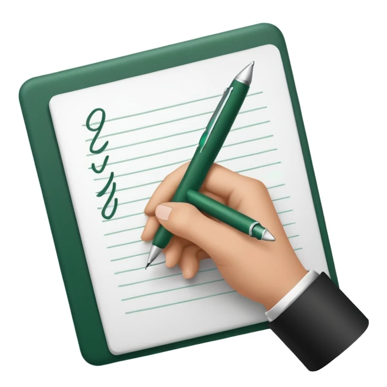 white paper, hand holding dark green and white pen and writing emoji